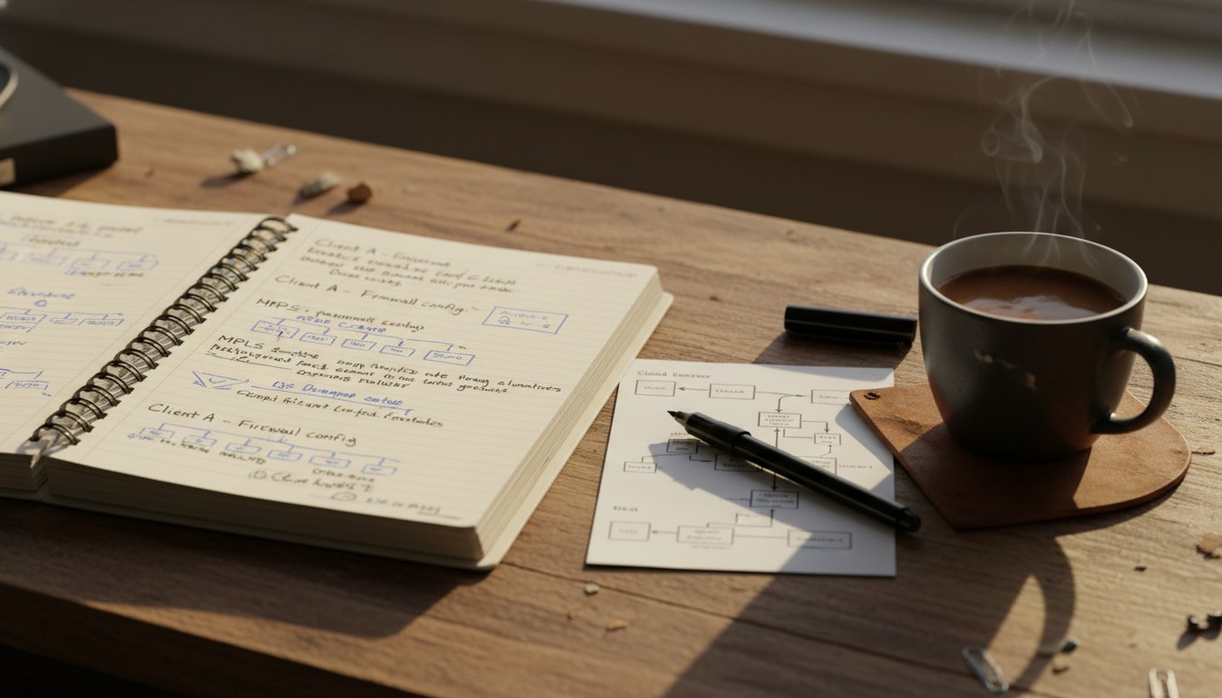 Spiral notebook with MSP working notes, felt pen, network diagram, and coffee on a wooden desk